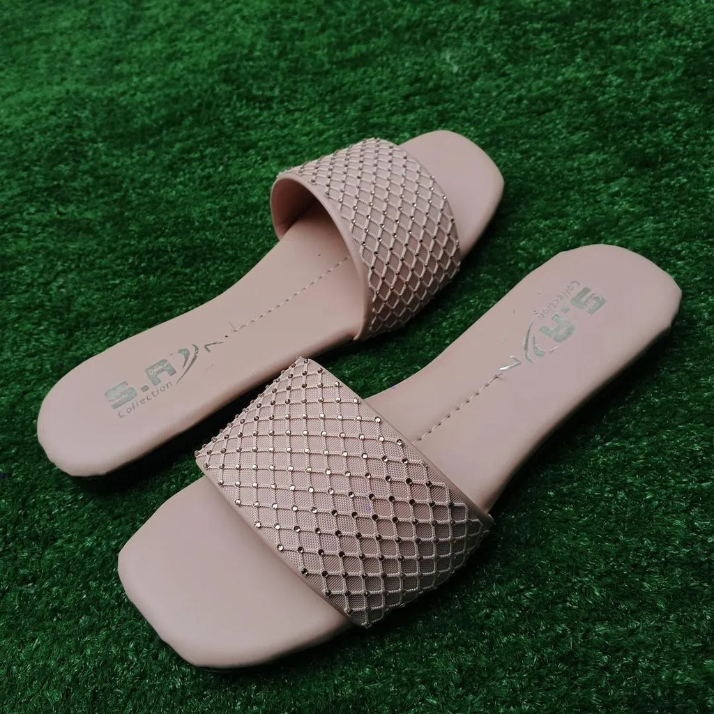 Women Synthetic Leather Rhinestone Flats Pink Size 6-10
