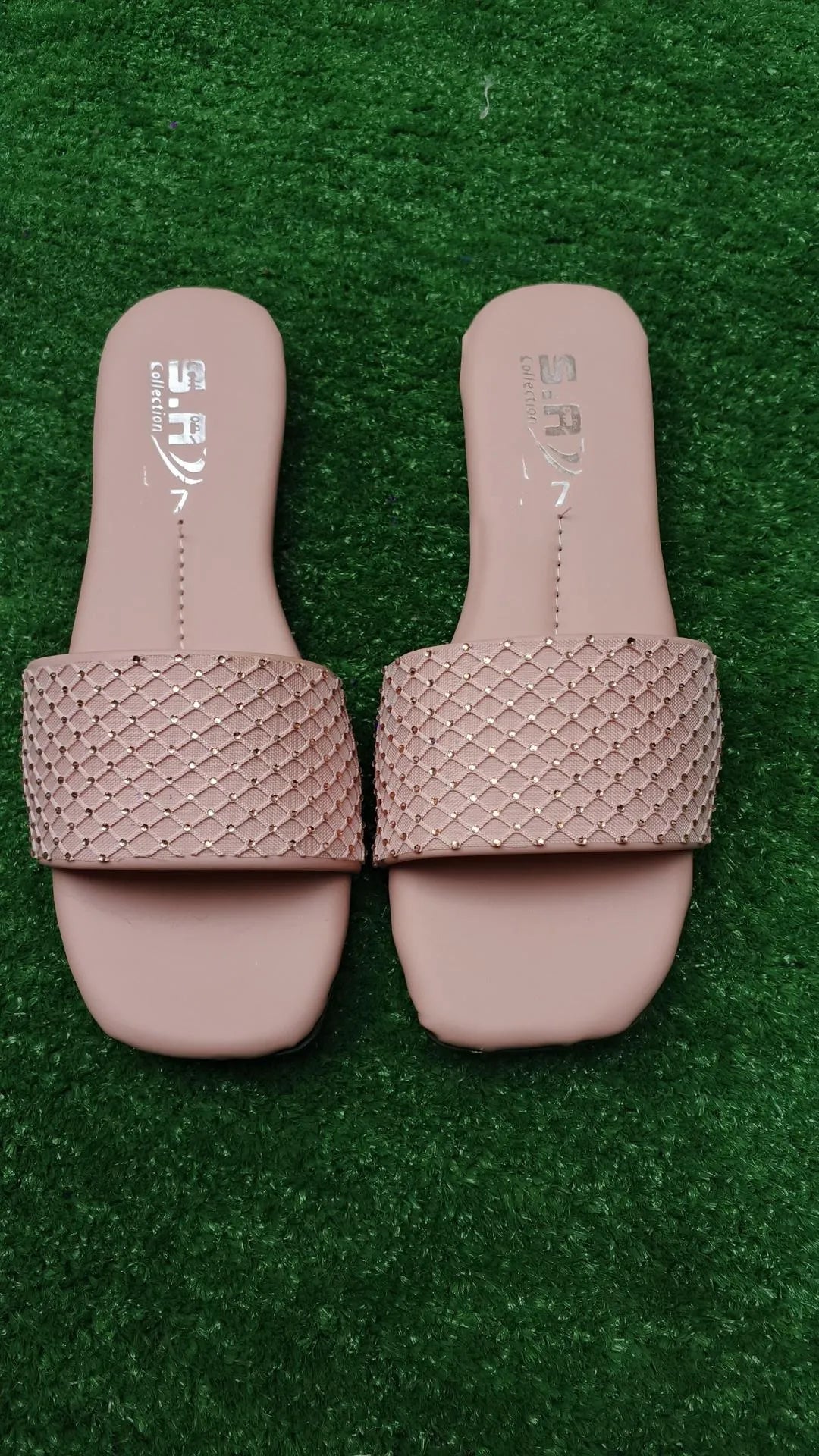 Women Synthetic Leather Rhinestone Flats Pink Size 6-10