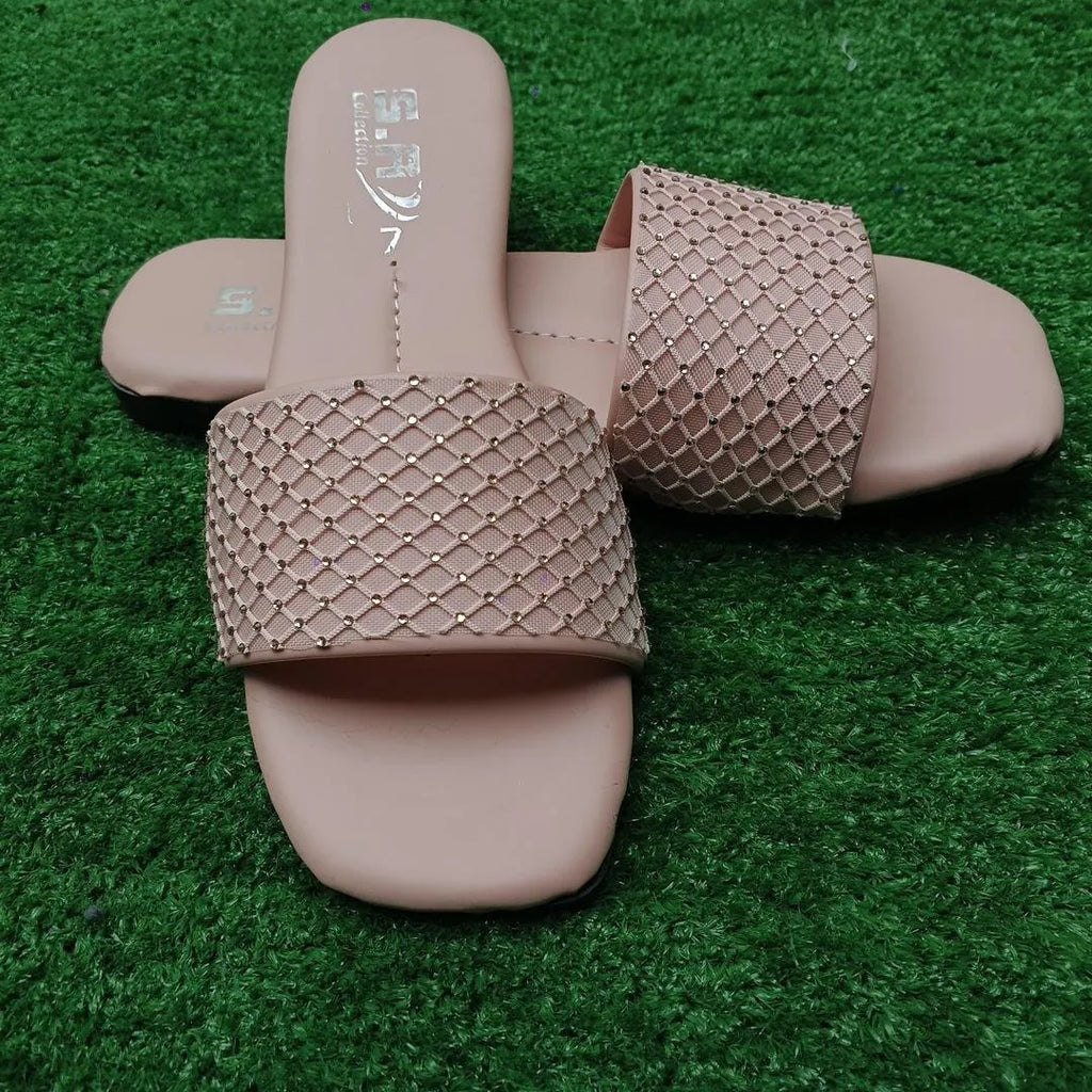 Women Synthetic Leather Rhinestone Flats Pink Size 6-10