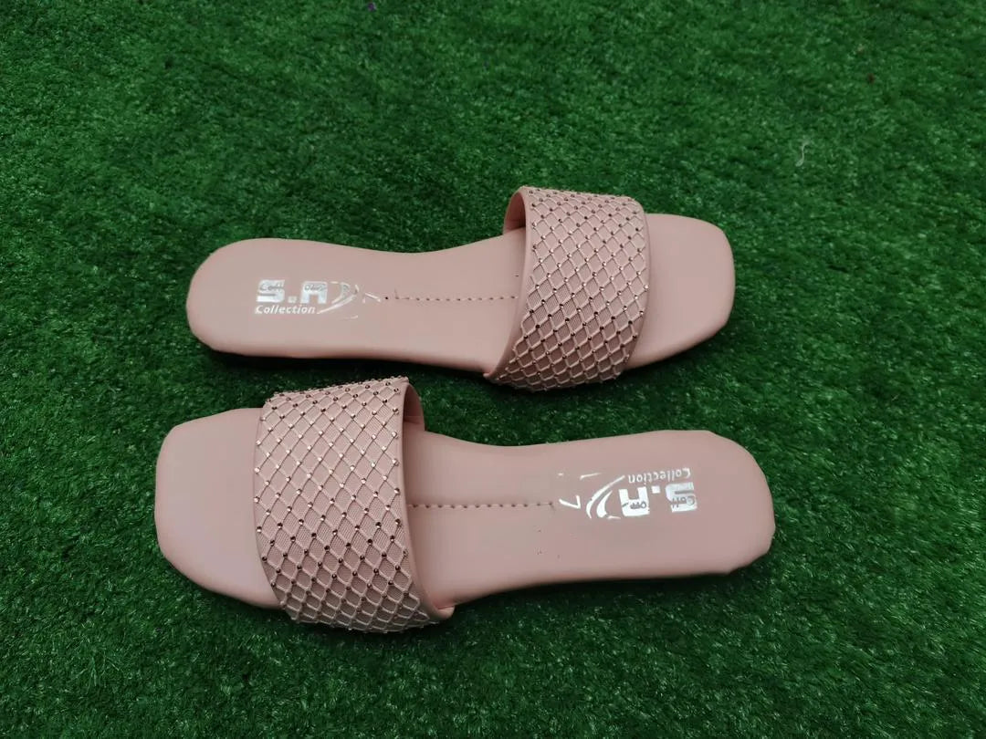 Women Synthetic Leather Rhinestone Flats Pink Size 6-10
