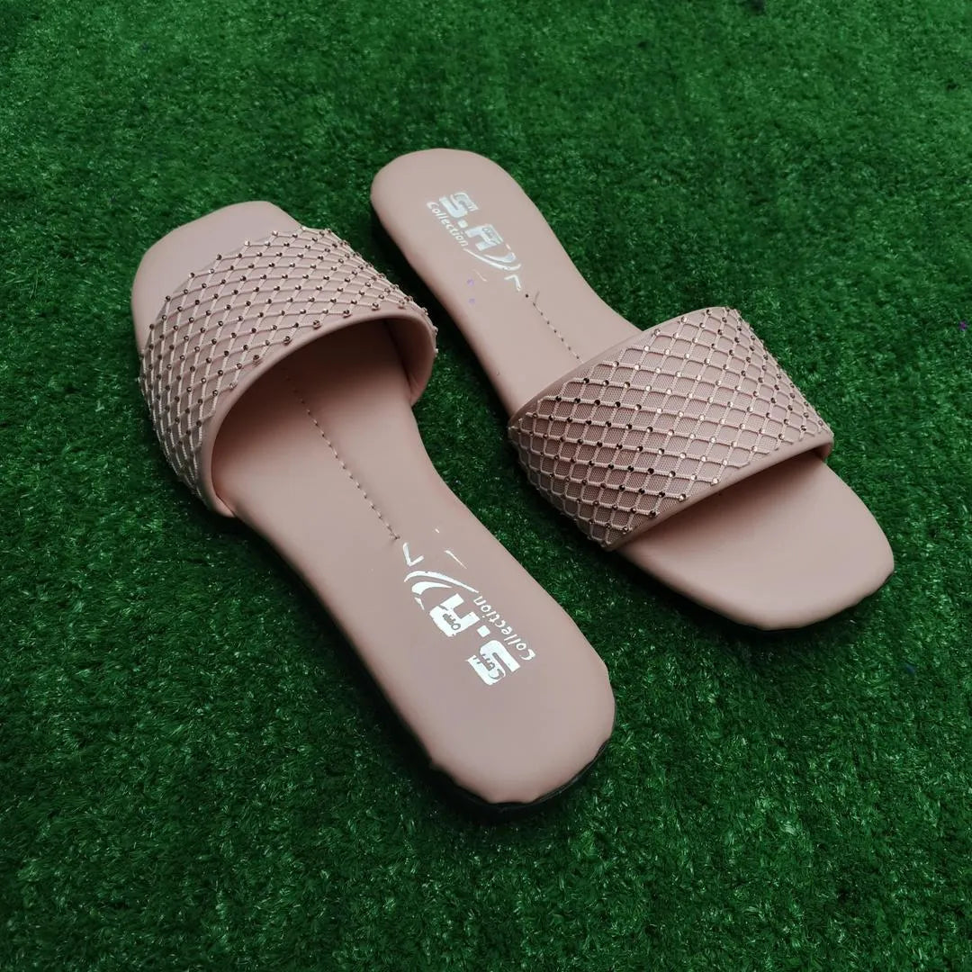 Women Synthetic Leather Rhinestone Flats Pink Size 6-10