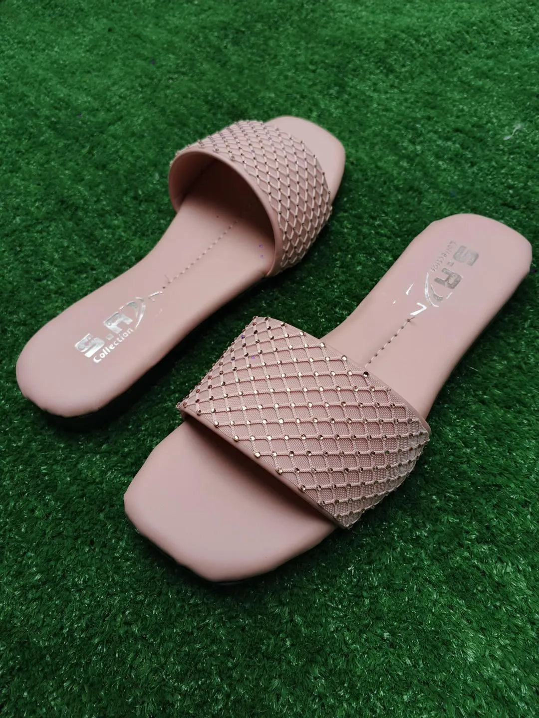 Women Synthetic Leather Rhinestone Flats Pink Size 6-10