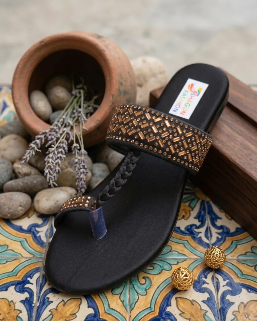 Women's Black Embroidered Flat Sandals