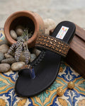 Women's Black Embroidered Flat Sandals