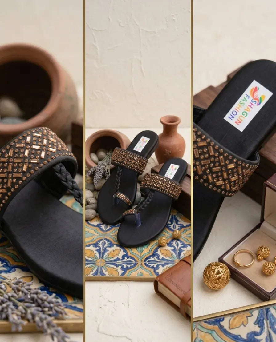 Women's Black Embroidered Flat Sandals