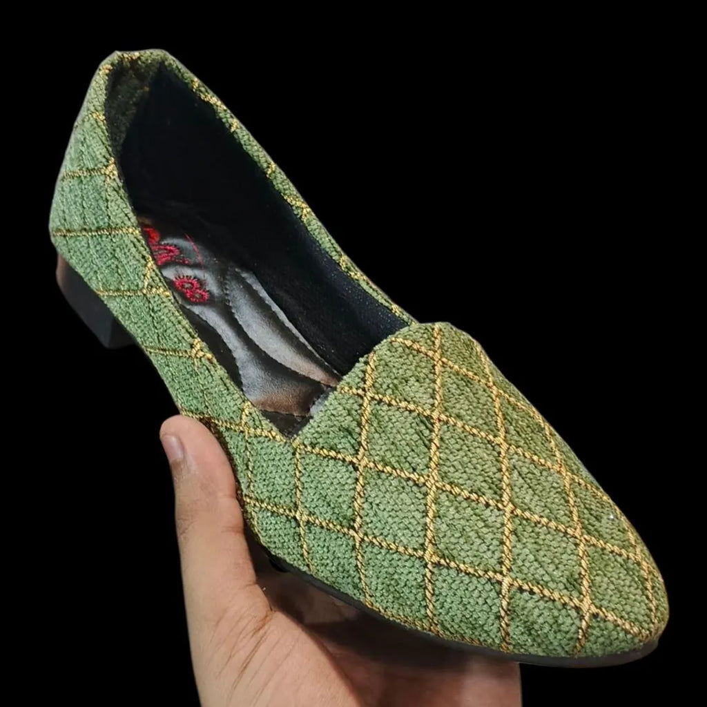 Green Gold Stitched Women's Flat Pumps