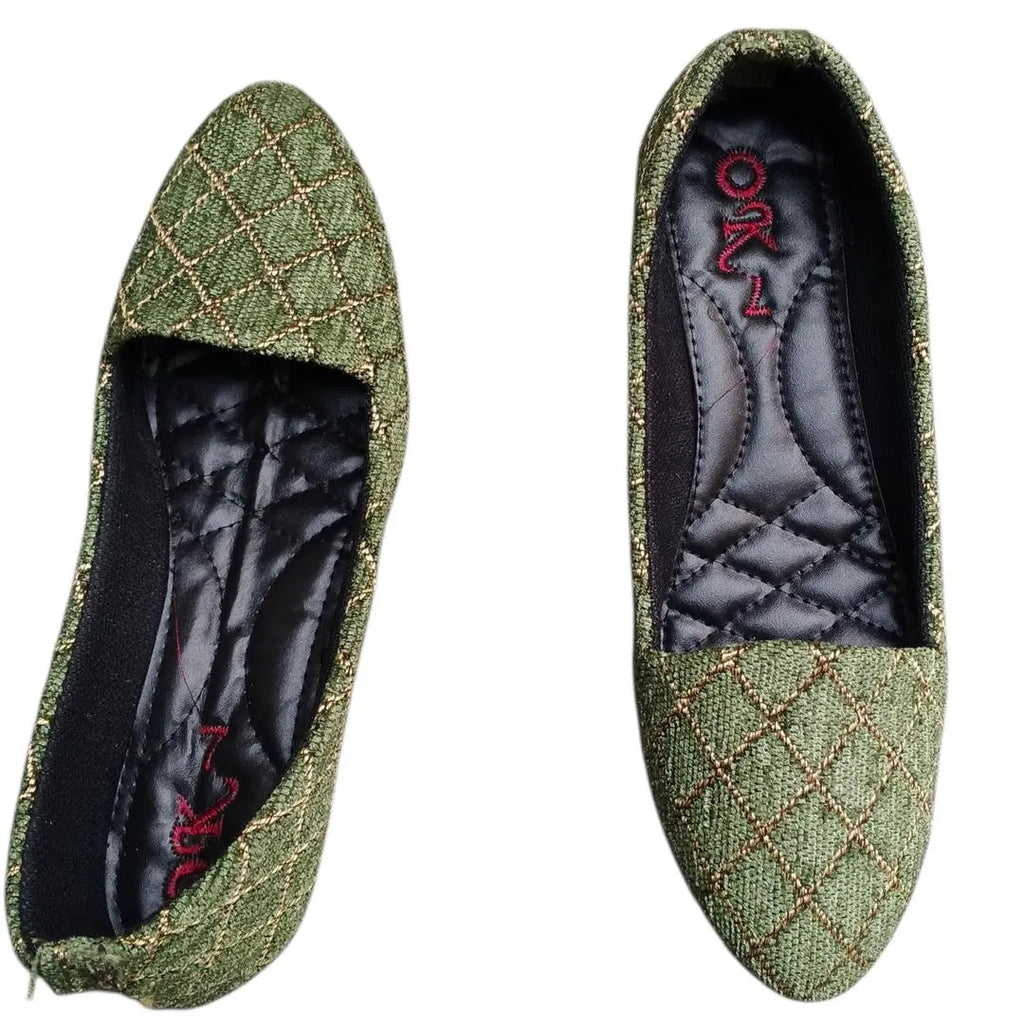 Green Gold Stitched Women's Flat Pumps