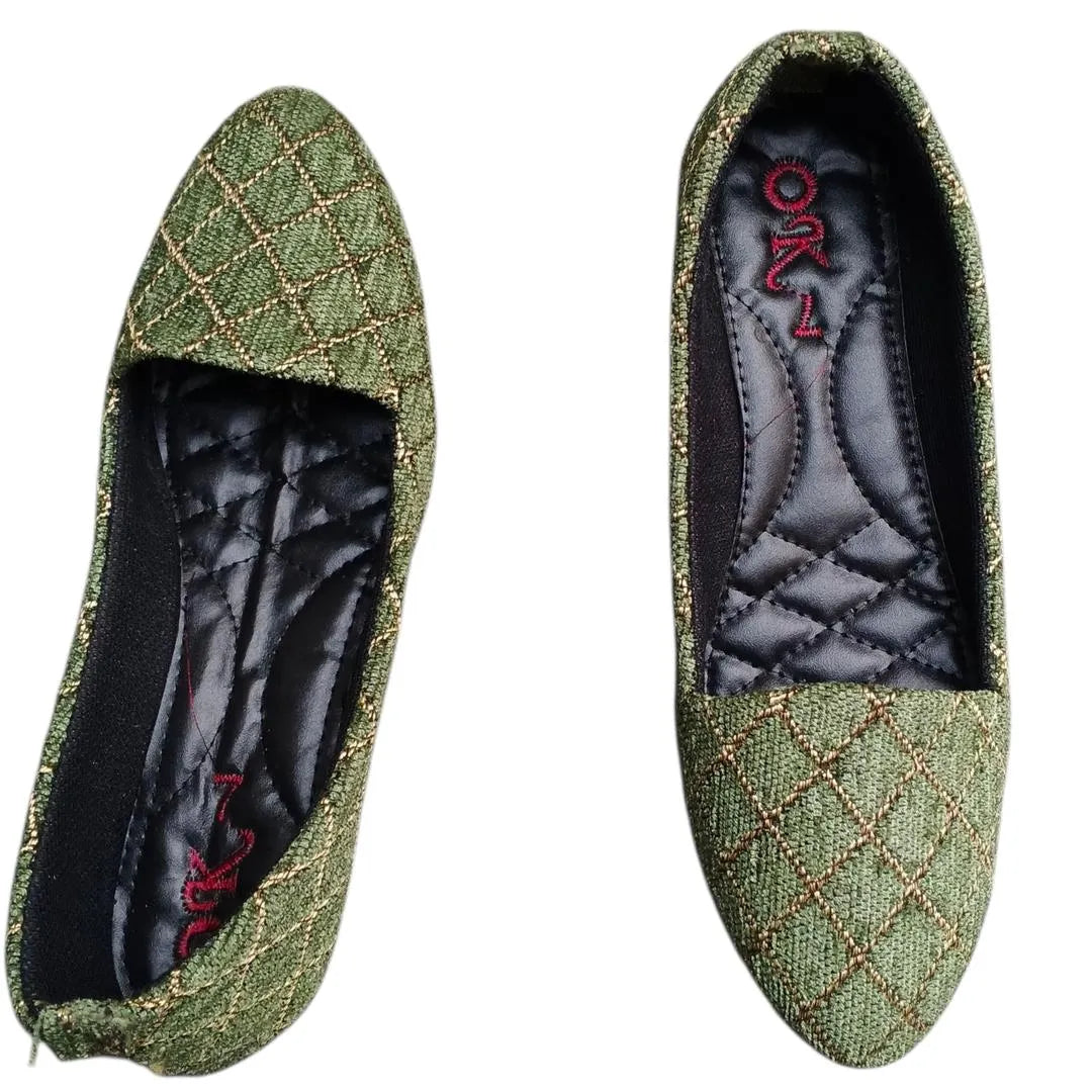Green Gold Stitched Women's Flat Pumps