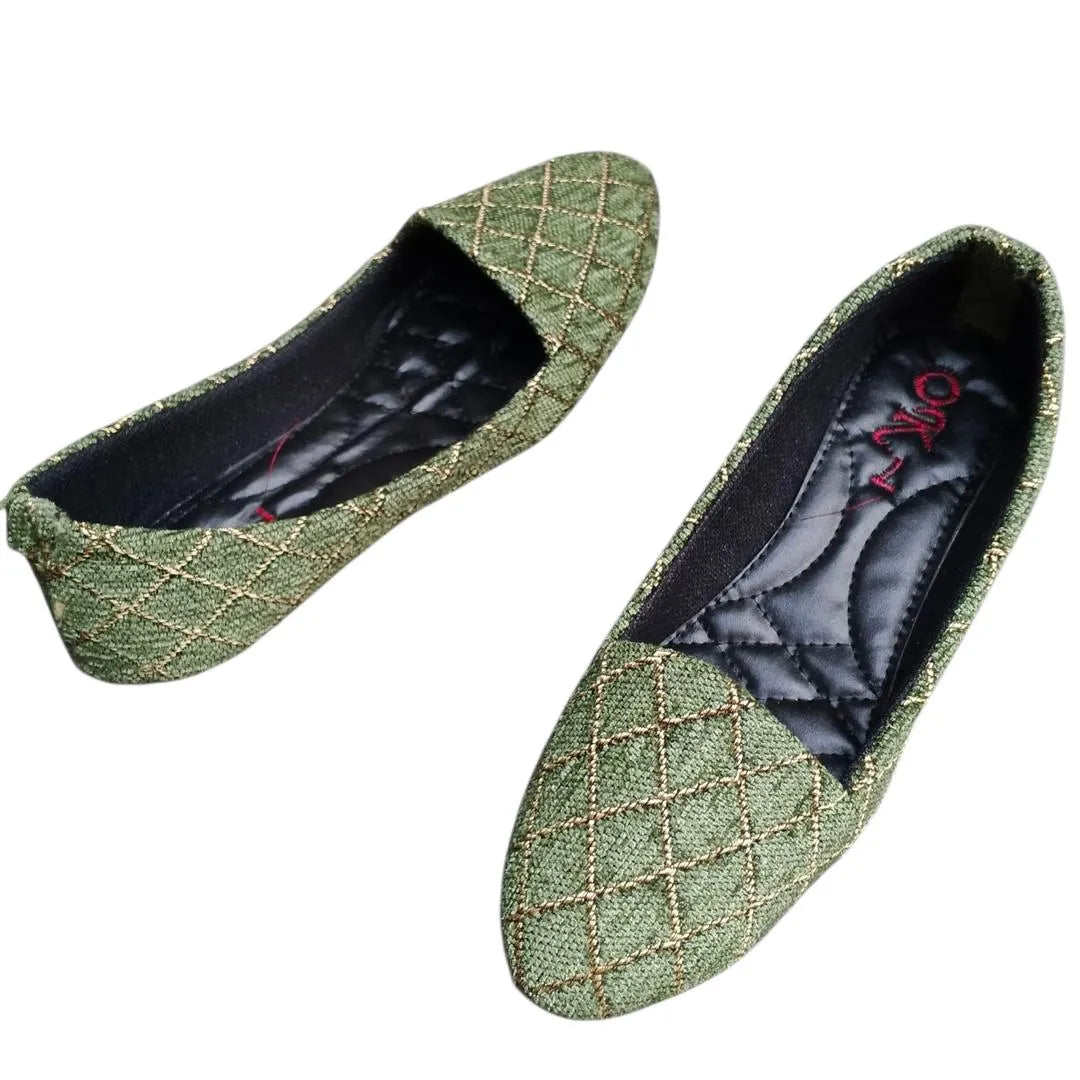 Green Gold Stitched Women's Flat Pumps