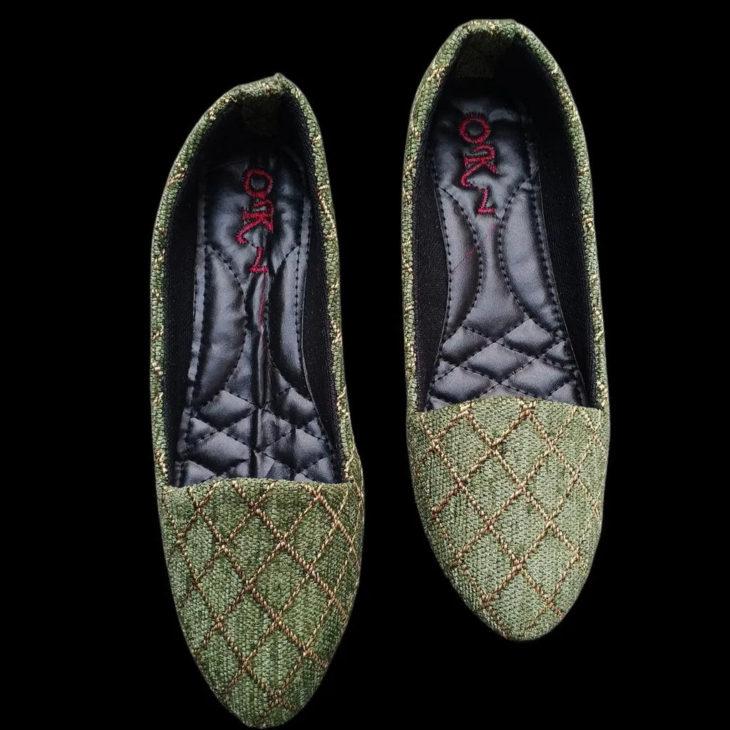 Green Gold Stitched Women's Flat Pumps