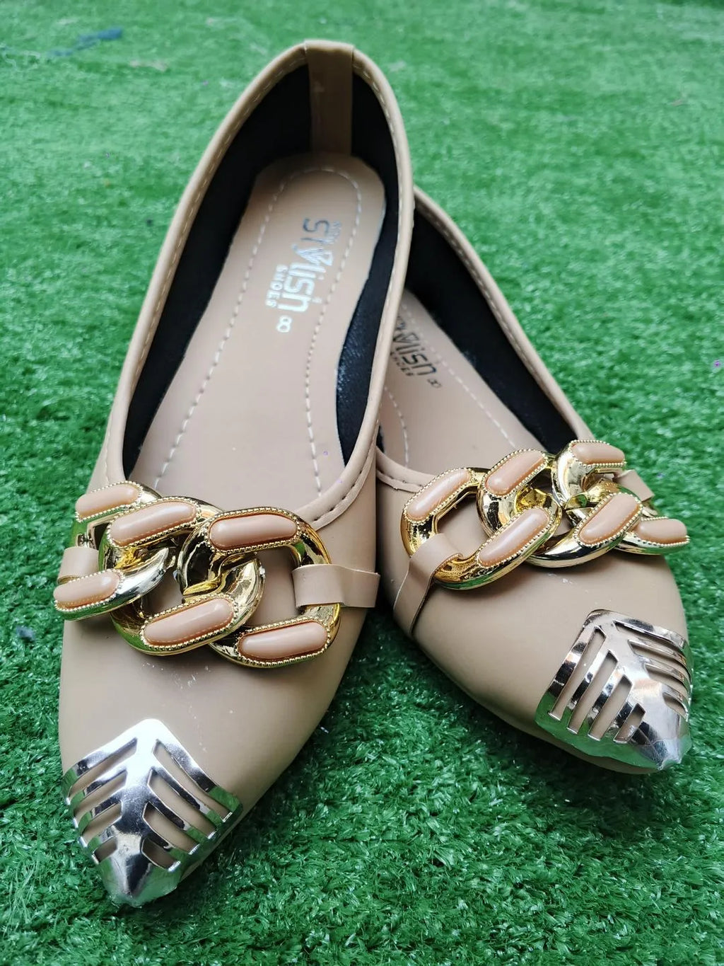 Beige Synthetic Leather Fancy Pumps for Women