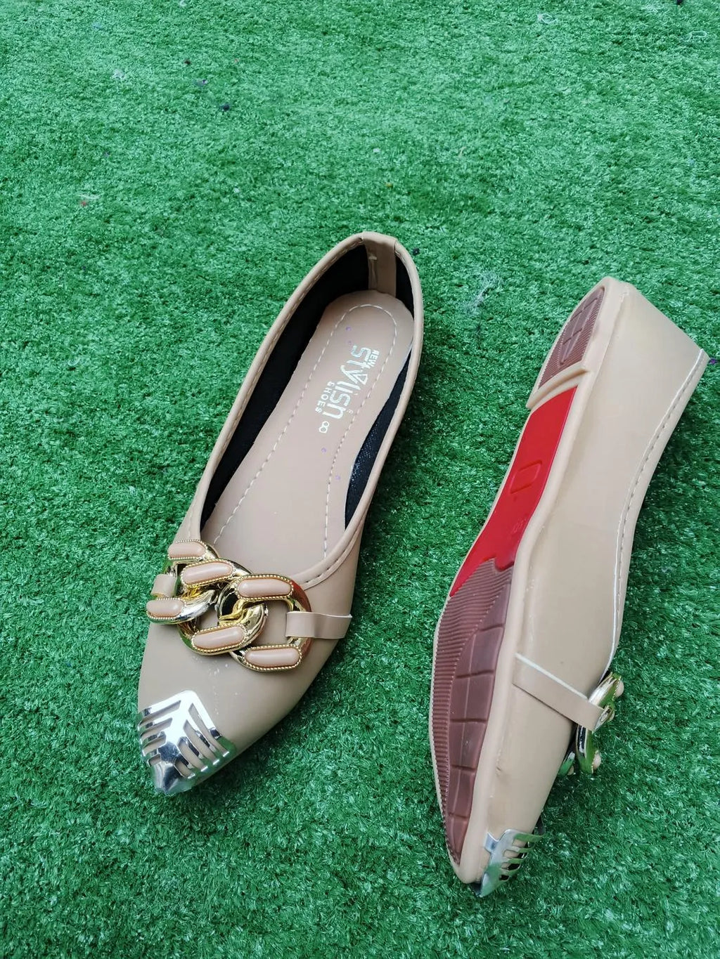 Beige Synthetic Leather Fancy Pumps for Women