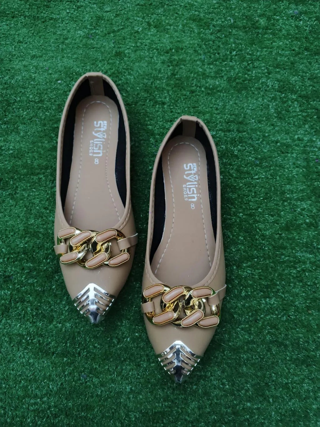 Beige Synthetic Leather Fancy Pumps for Women