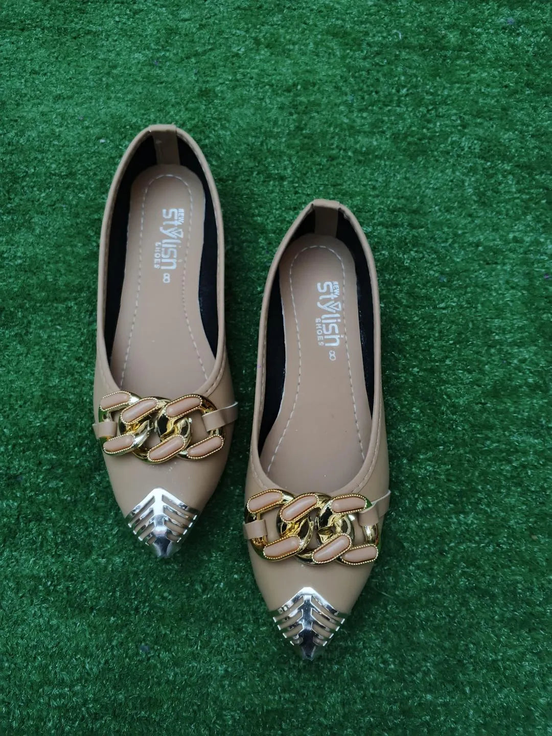 Beige Synthetic Leather Fancy Pumps for Women