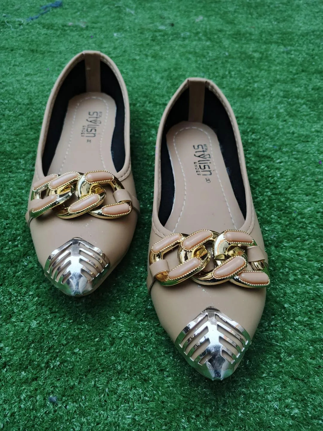 Beige Synthetic Leather Fancy Pumps for Women