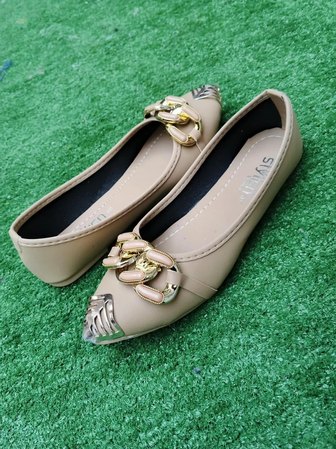 Beige Synthetic Leather Fancy Pumps for Women