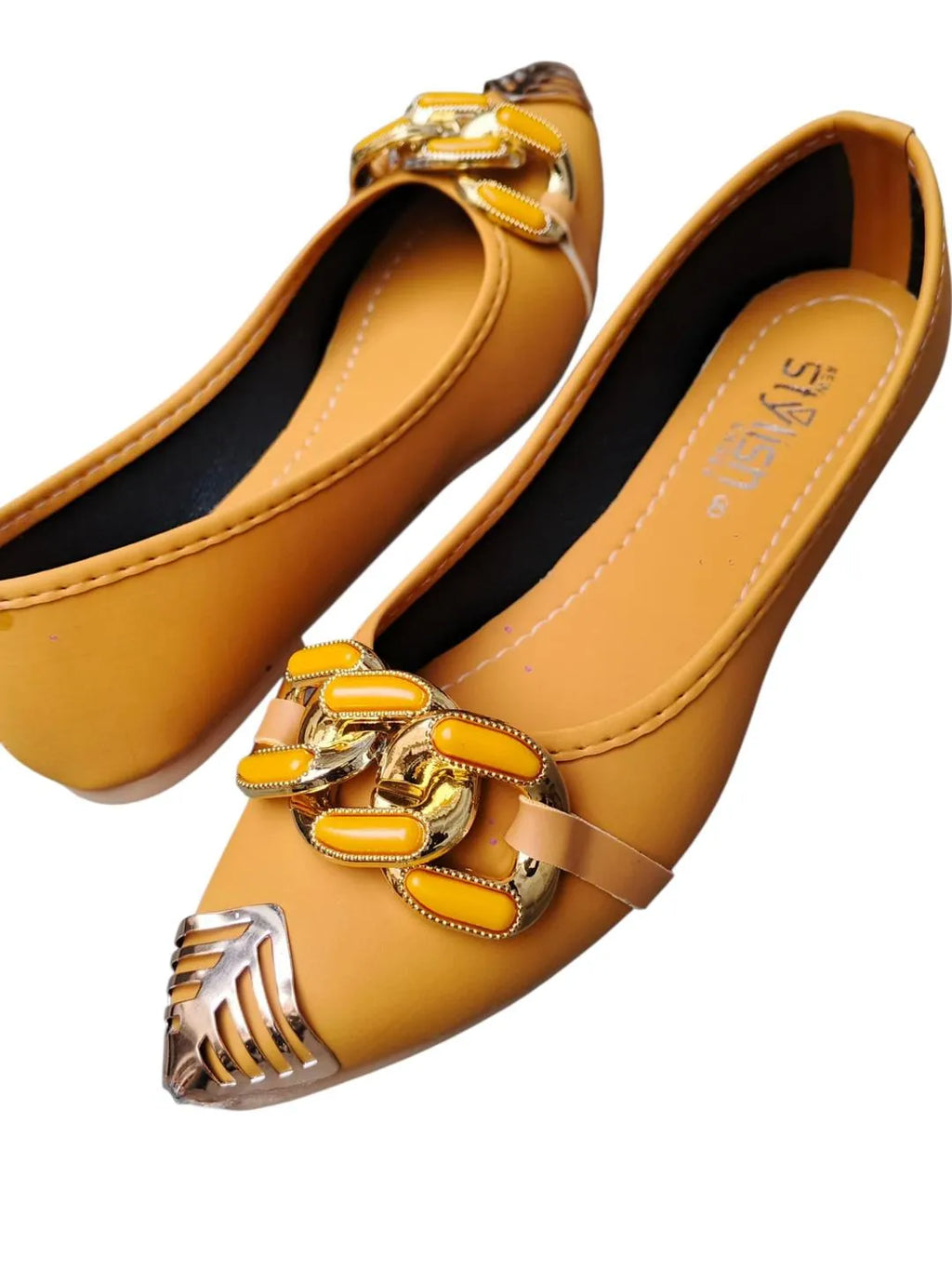 Women's Yellow Synthetic Leather Flat Pumps with Gold Chain Detail