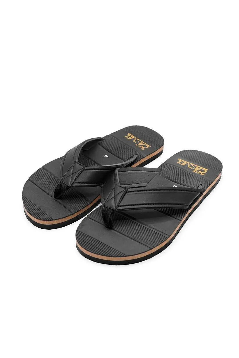Men Black Synthetic Leather Flip Flops with Gold Branding