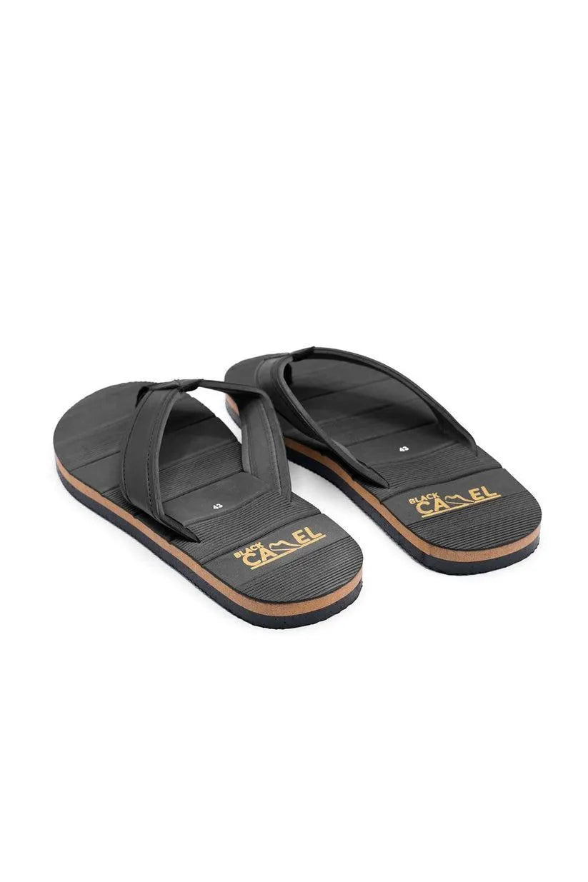 Men Black Synthetic Leather Flip Flops with Gold Branding
