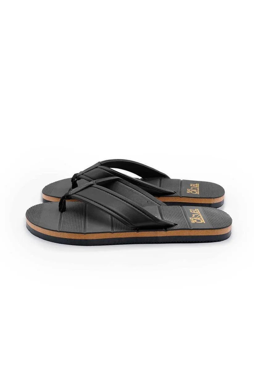 Men Black Synthetic Leather Flip Flops with Gold Branding