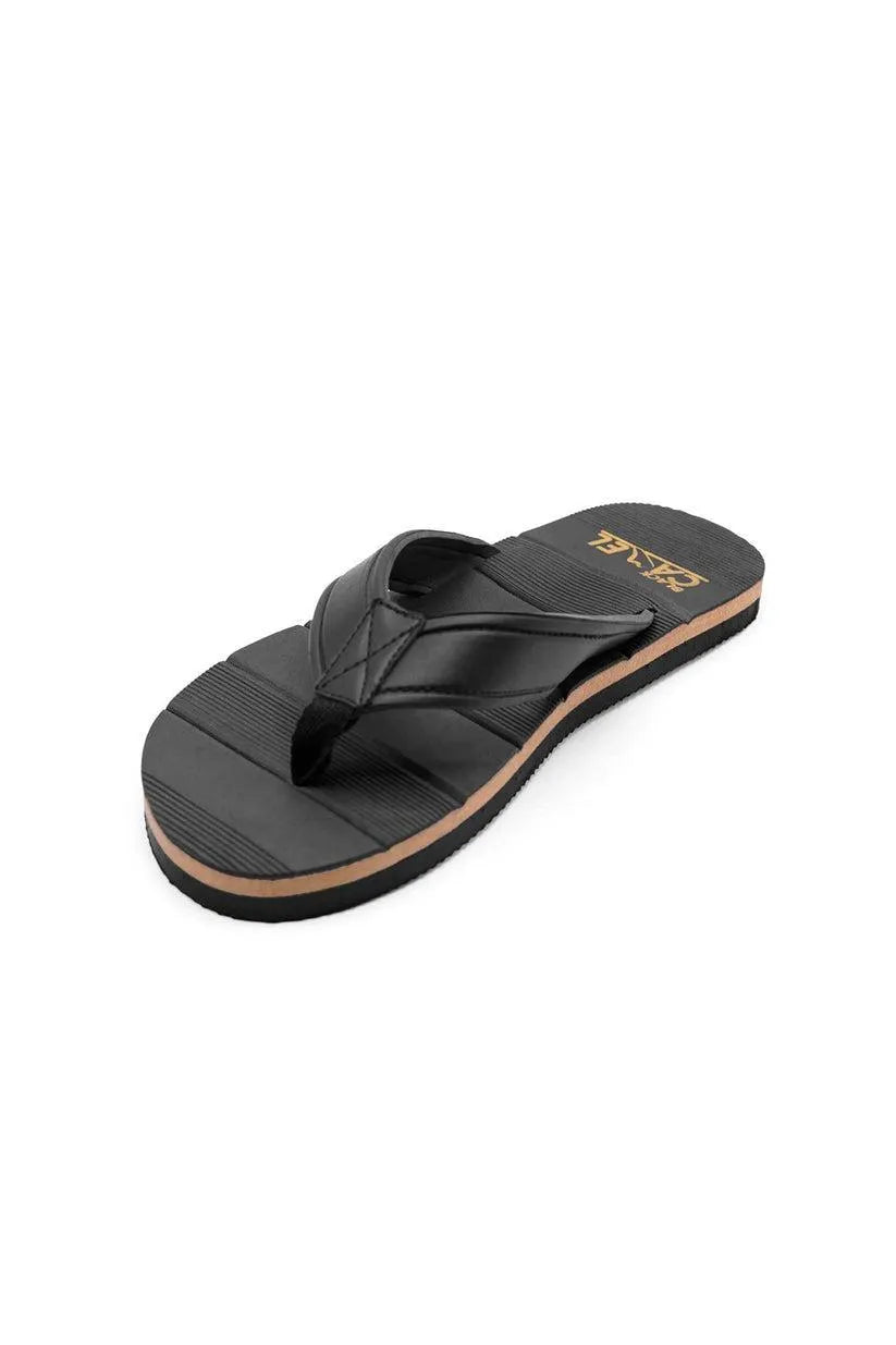 Men Black Synthetic Leather Flip Flops with Gold Branding