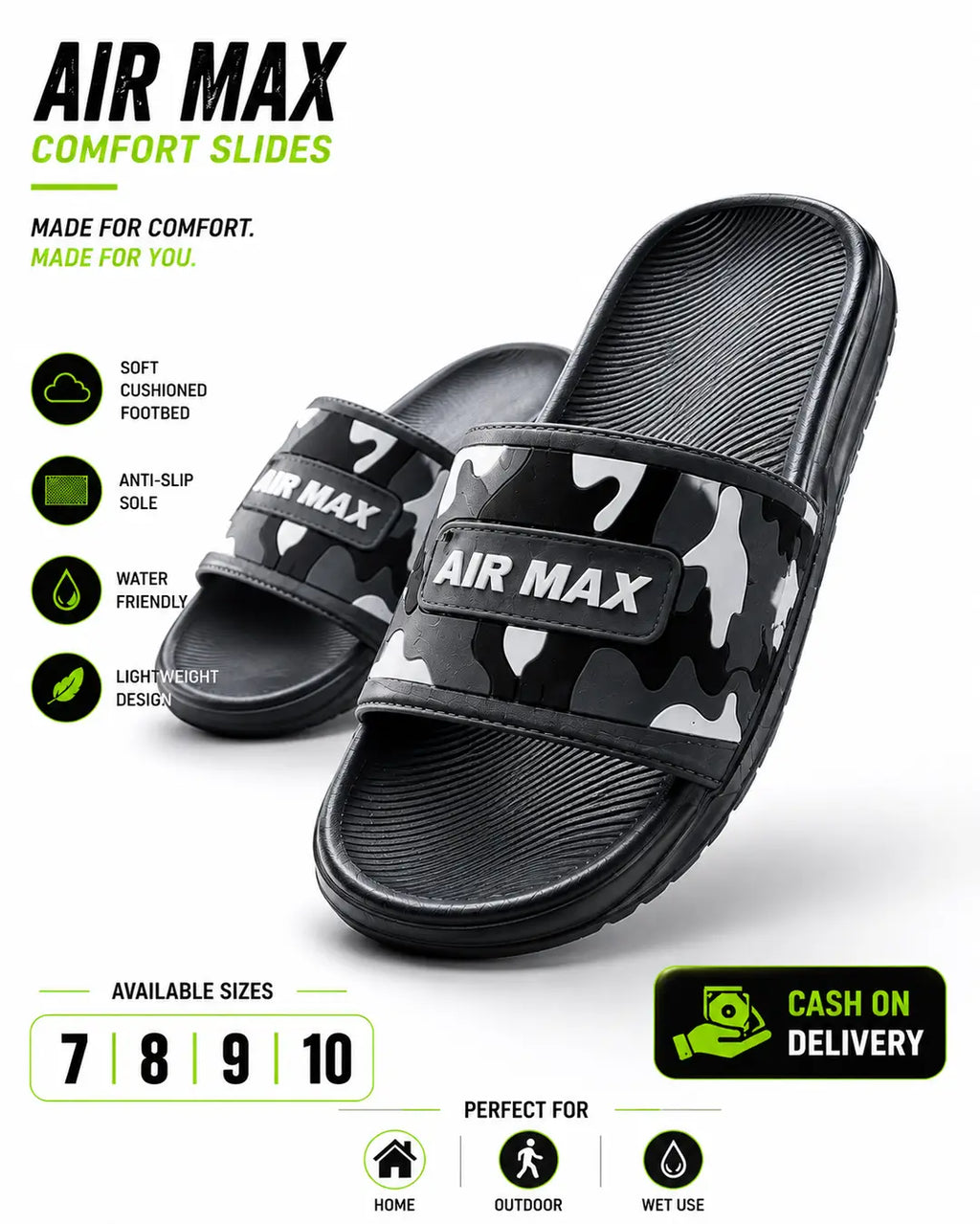 Air Max Camo Slides for Men – Lightweight Comfort Slippers with Anti-Slip Sole (Black)