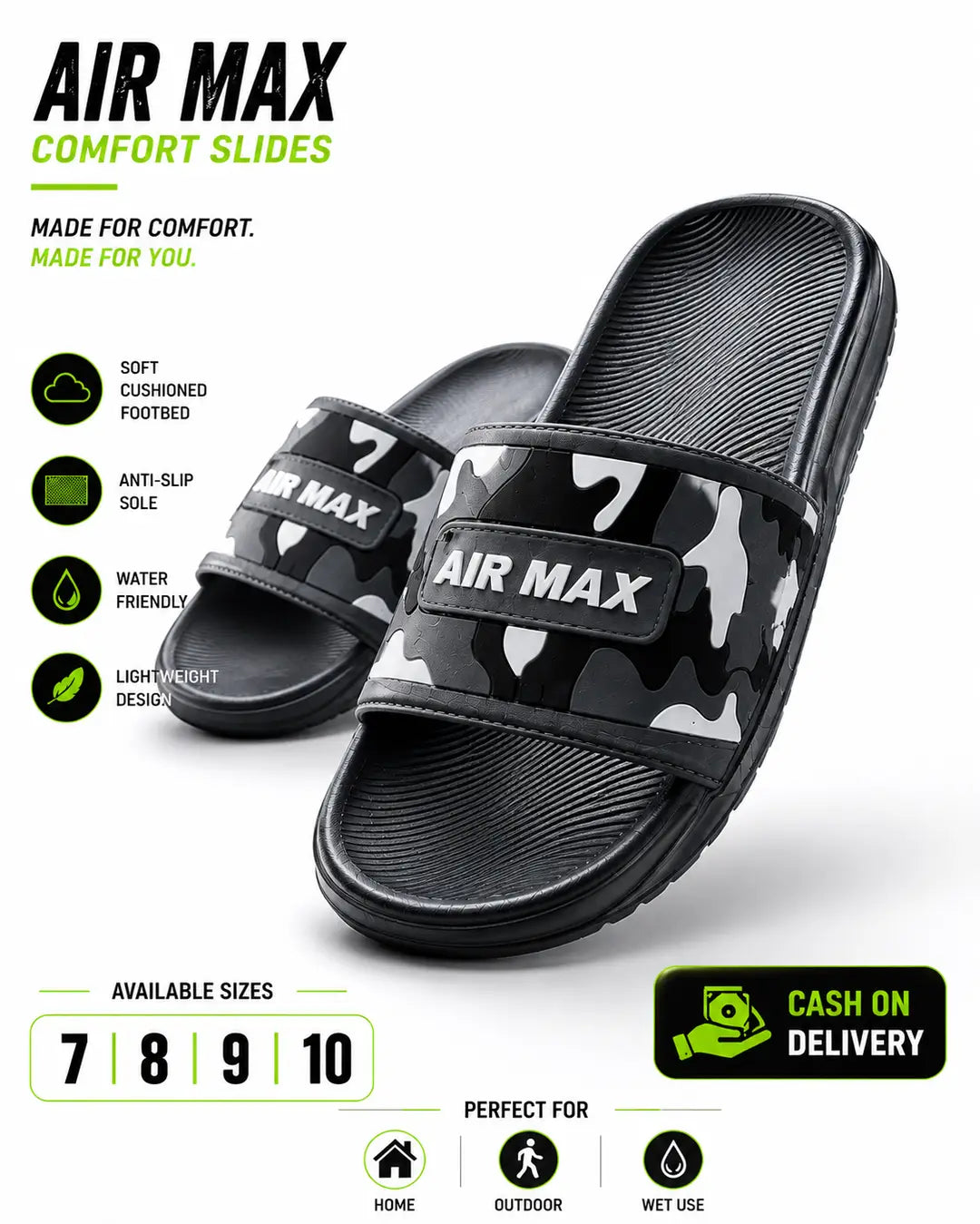 Air Max Camo Slides for Men – Lightweight Comfort Slippers with Anti-Slip Sole (Black)