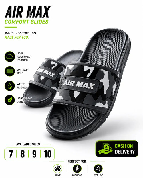 Air Max Camo Slides for Men – Lightweight Comfort Slippers with Anti-Slip Sole (Black)