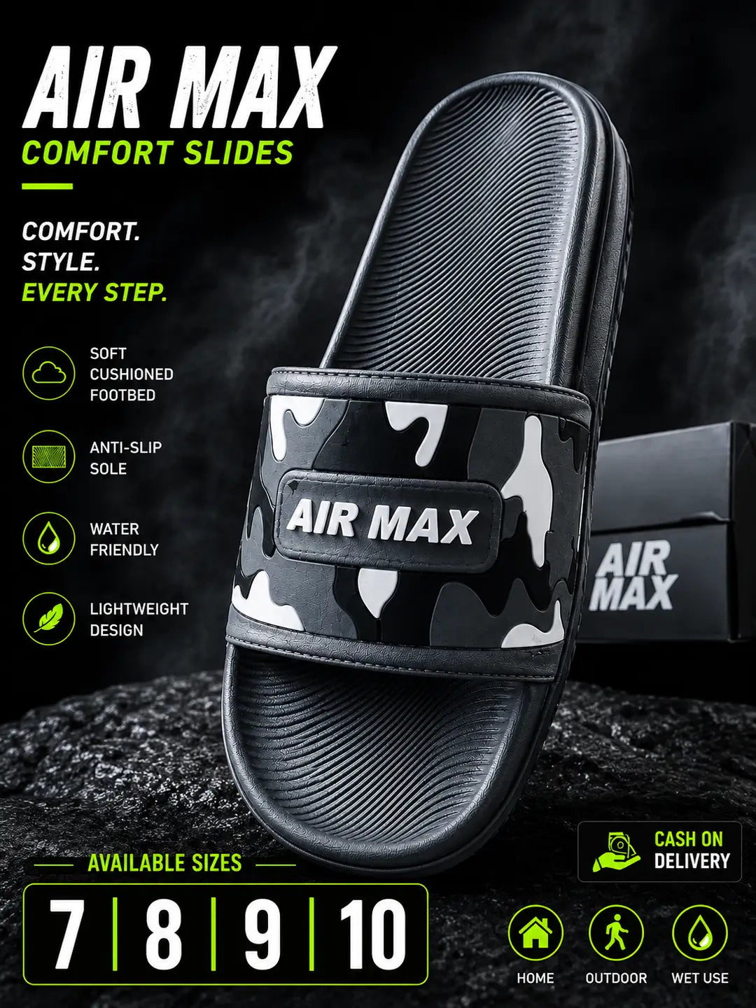 Air Max Camo Slides for Men – Lightweight Comfort Slippers with Anti-Slip Sole (Black)