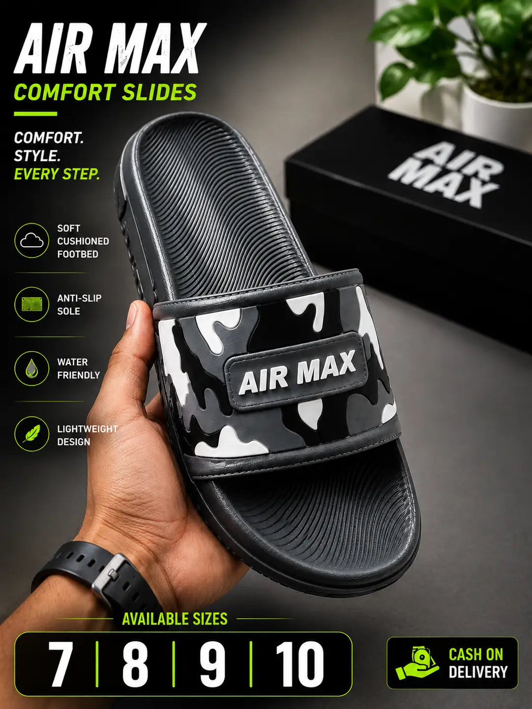 Air Max Camo Slides for Men – Lightweight Comfort Slippers with Anti-Slip Sole (Black)