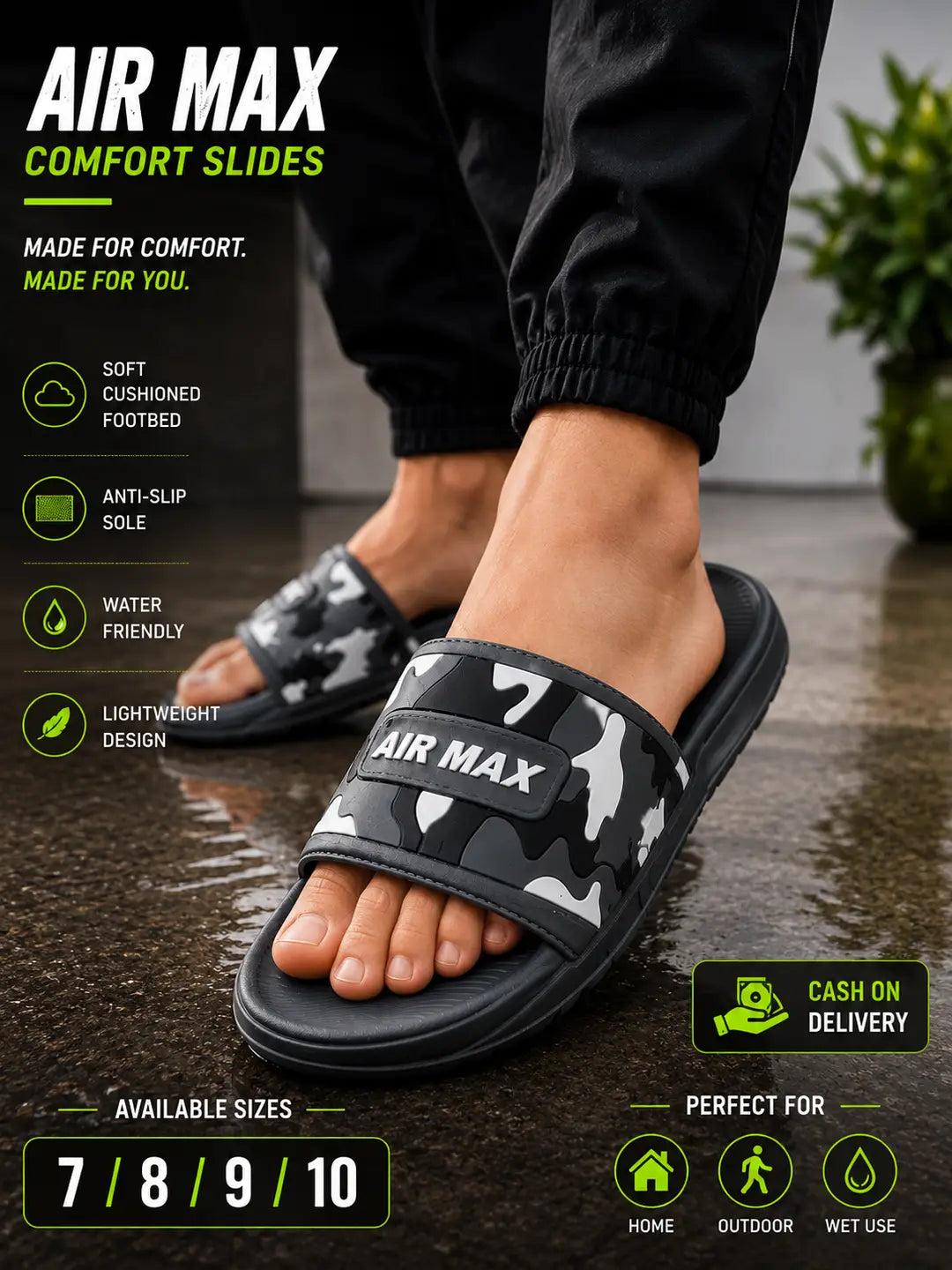 Air Max Camo Slides for Men – Lightweight Comfort Slippers with Anti-Slip Sole (Black)