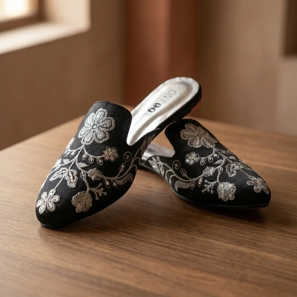 Elegant Floral Embroidered Backless Loafers - 071 - Black
