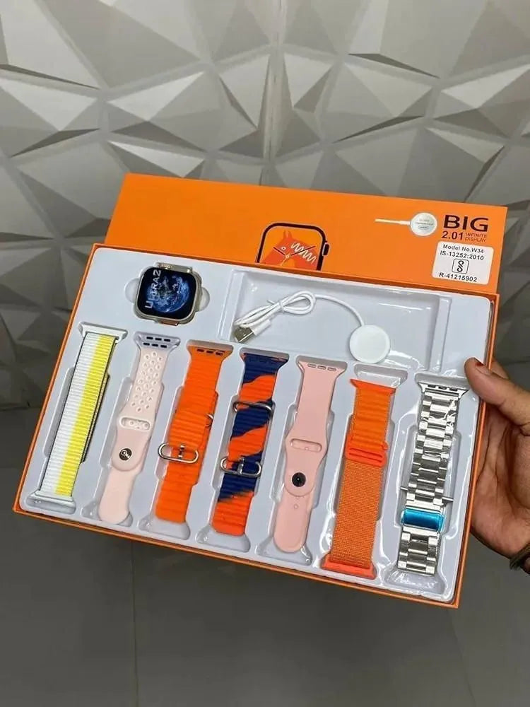 Premium Smartwatch with 5 Straps Orange Pink Yellow