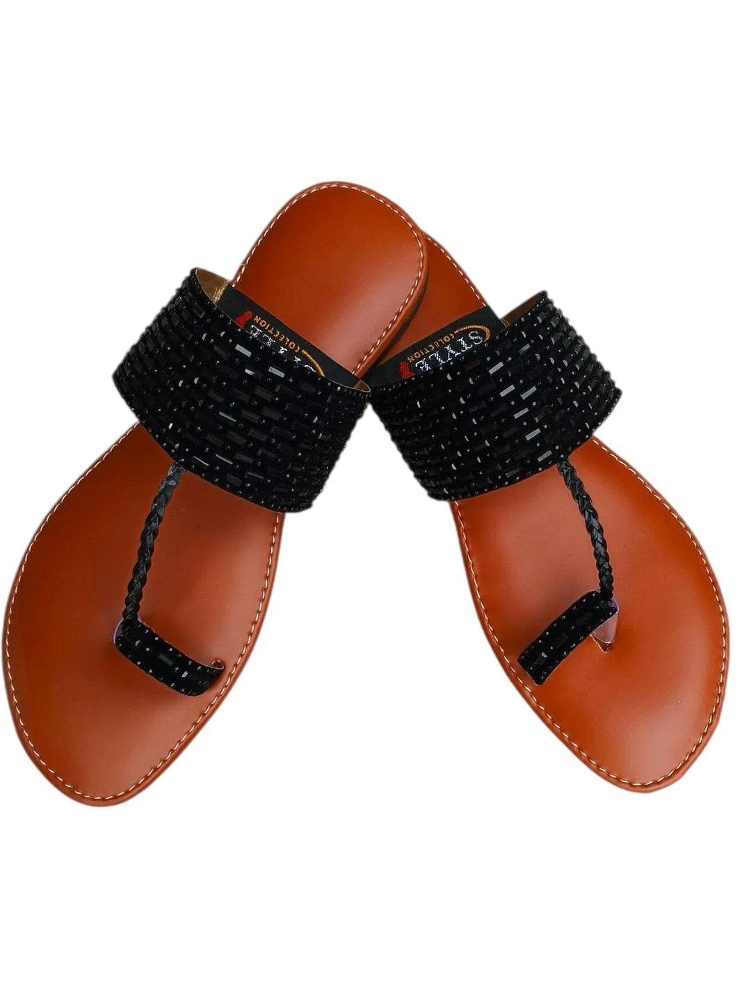 Women's Black Beaded Sandals Flat Casual