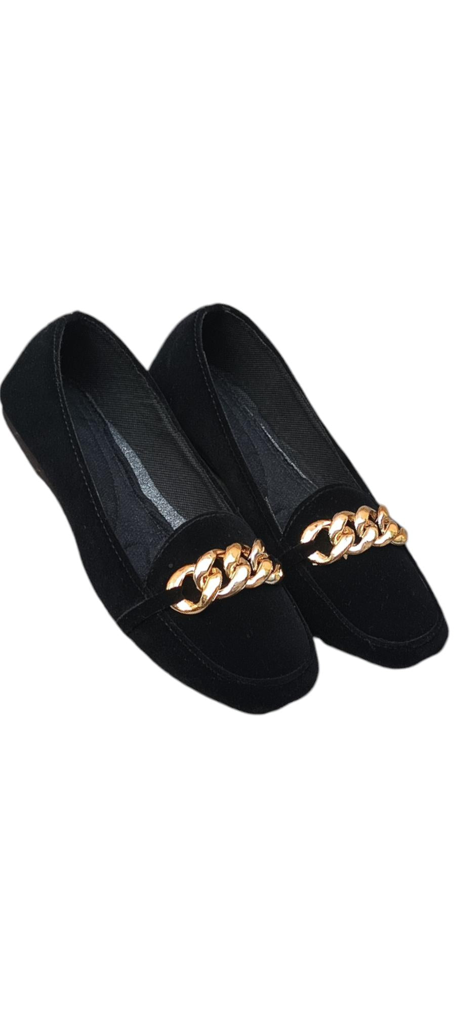 Black Velvet Pumps with Gold Chain for Women
