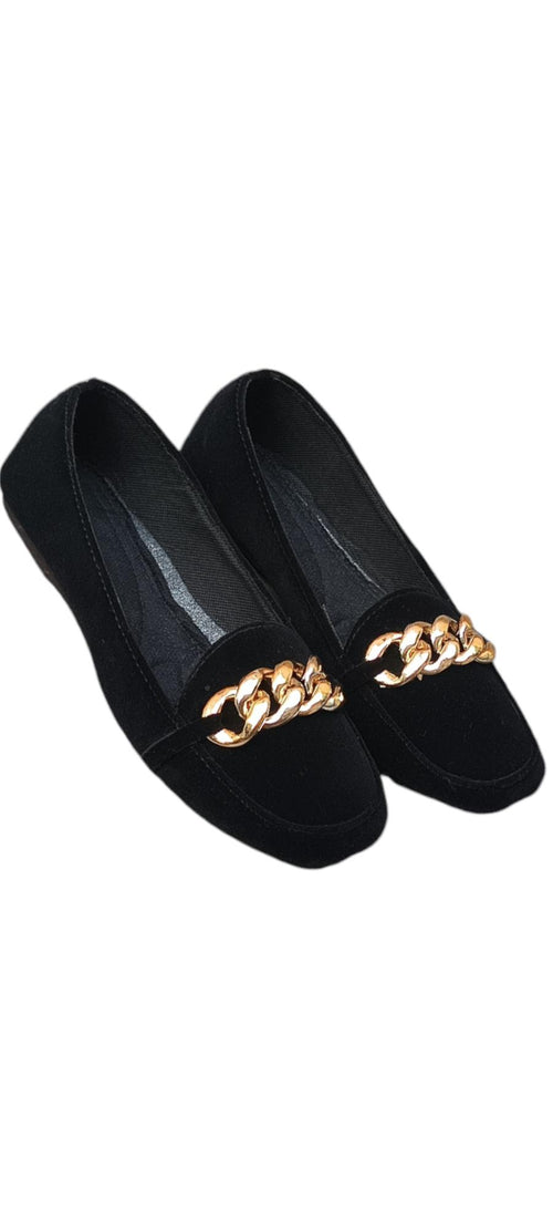 Black Velvet Pumps with Gold Chain for Women