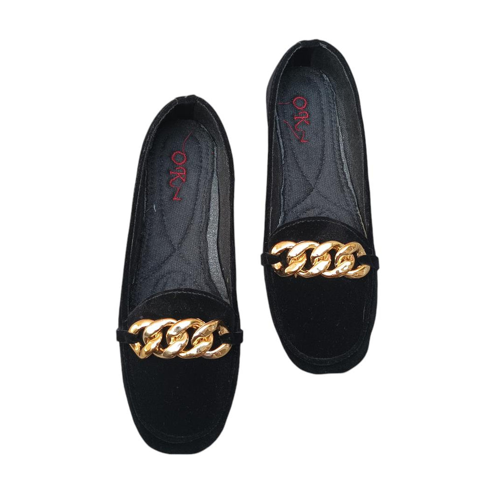 Black Velvet Pumps with Gold Chain for Women