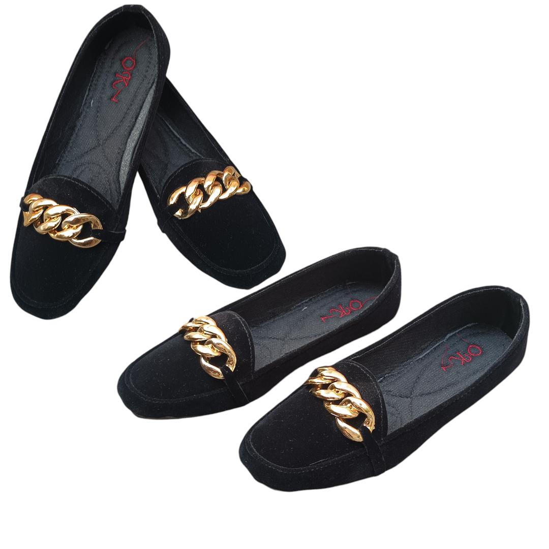 Black Velvet Pumps with Gold Chain for Women