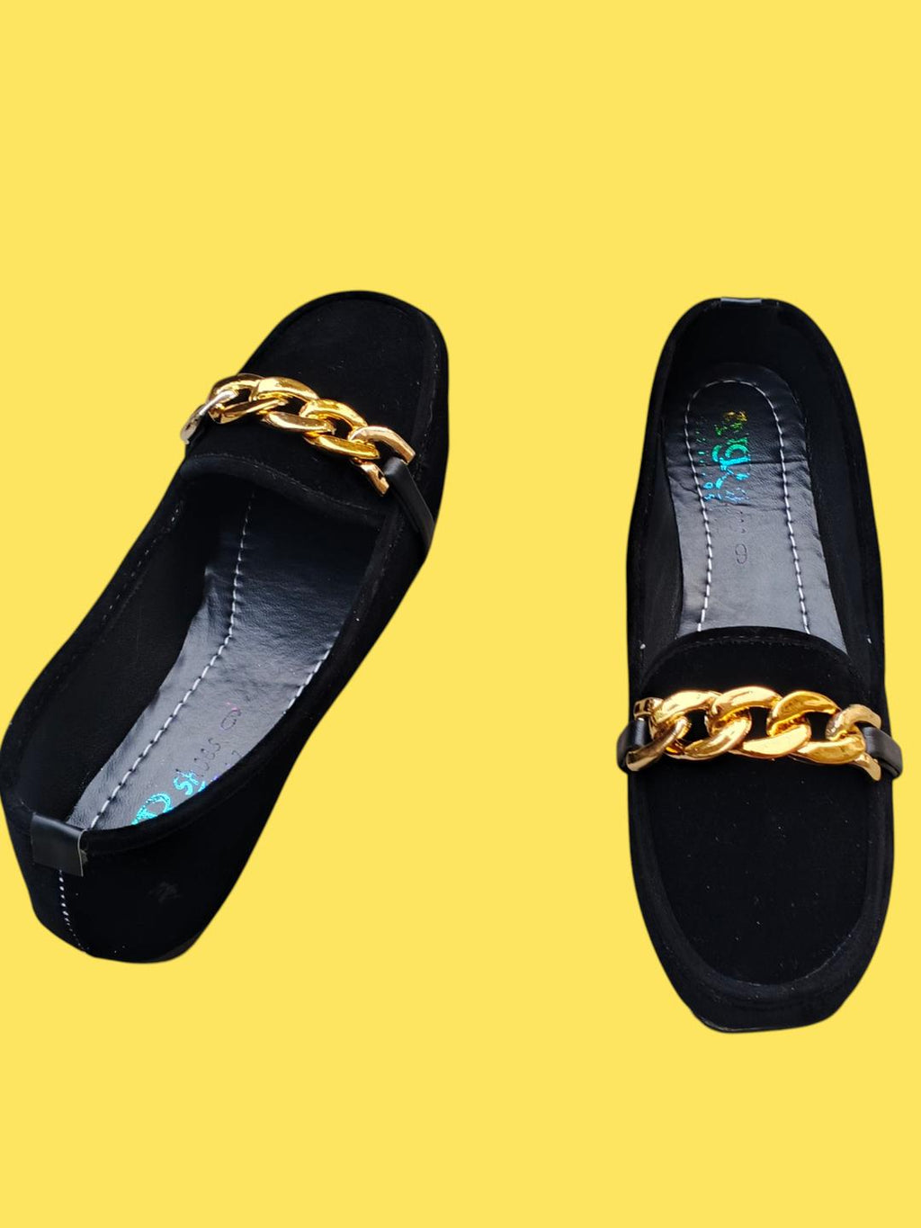 Black Velvet Pumps with Gold Chain for Women