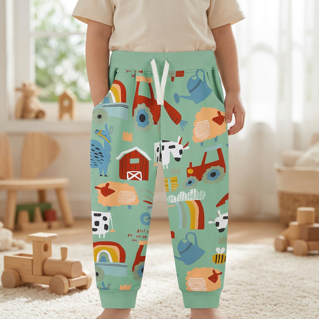Kids Farm Print Pants Mint Green Drawstring Waist
