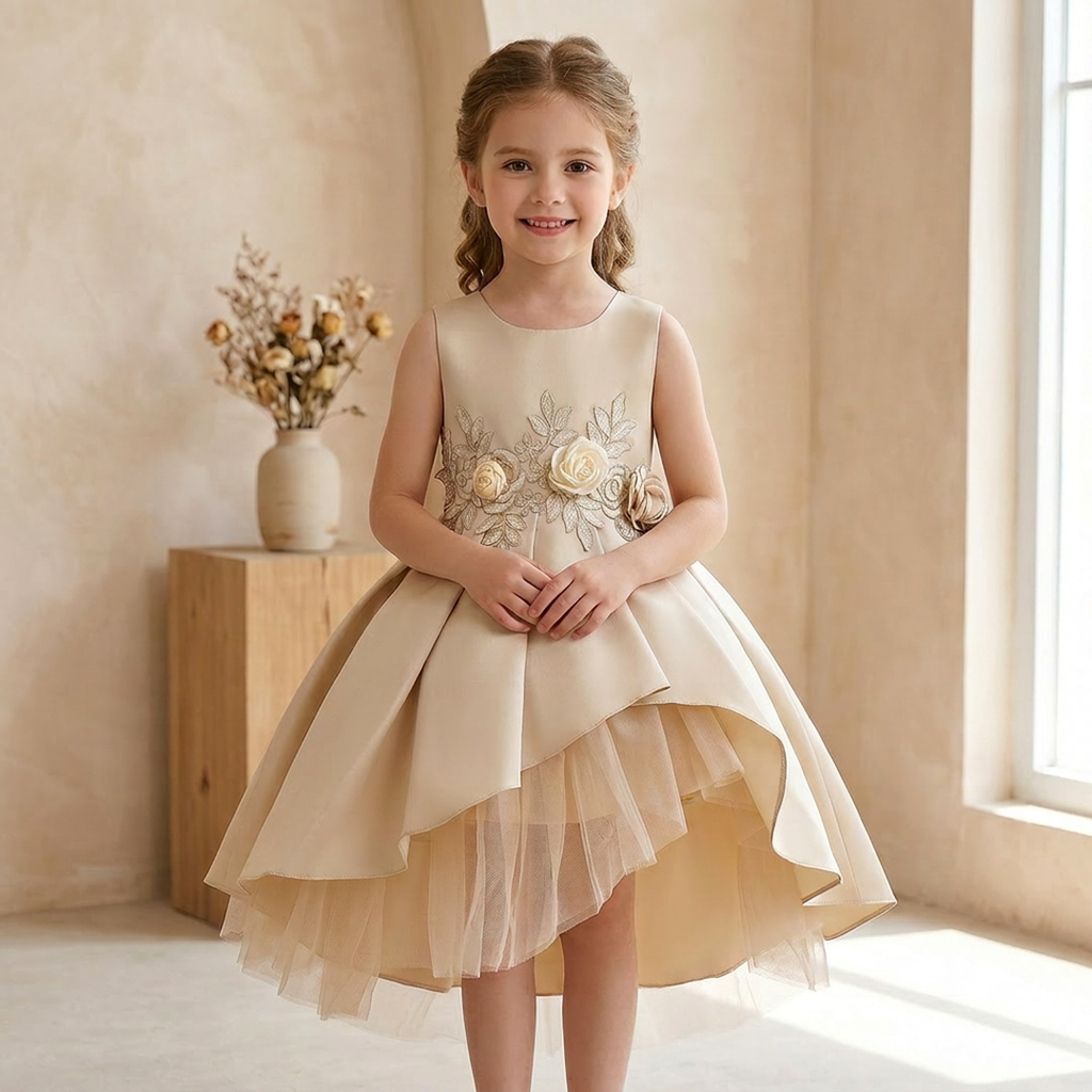 Beige Floral Embroidered Little Girl Dress for Weddings & Parties