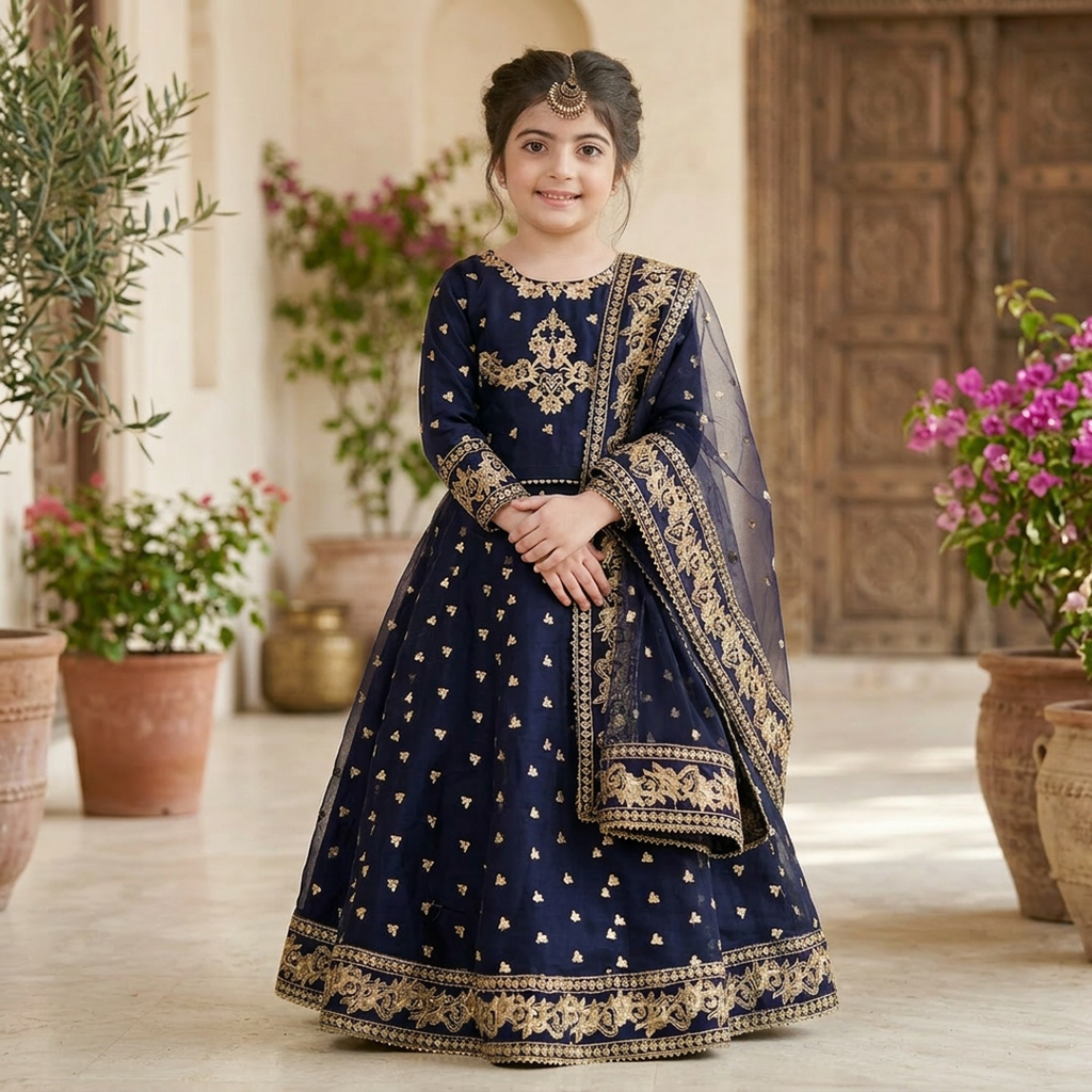 Navy Blue Gold Embroidered 3-Piece Silk Set for Girls 5-12